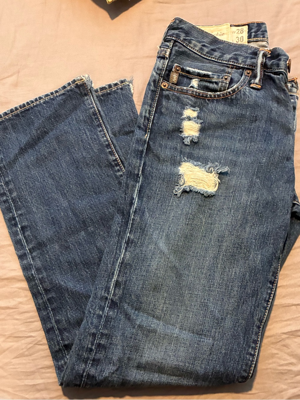 Abercrombie & Fitch Men’s Straight Leg Distressed Blue Jeans